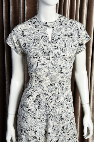 London Calling 1940s Novelty Print Dress