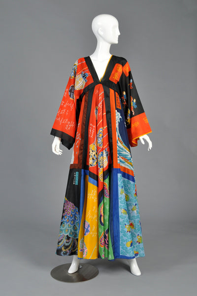 La Vetta 1970s Silk Scarf Maxi Dress with Full Sweep
