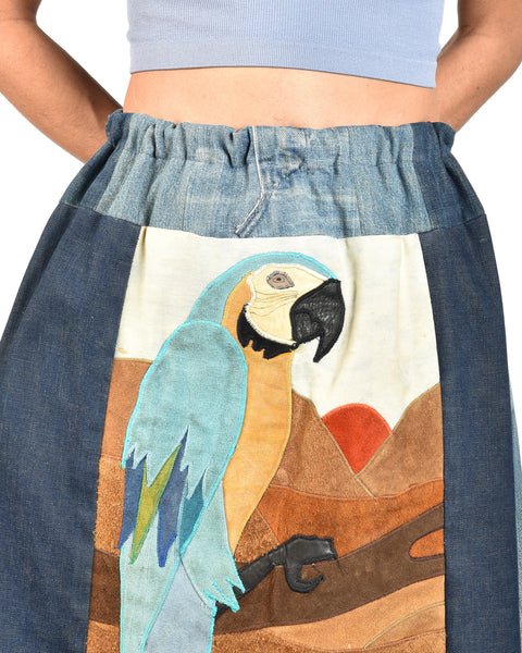 Carmen 60s Denim + Suede Patchwork Parrot Skirt