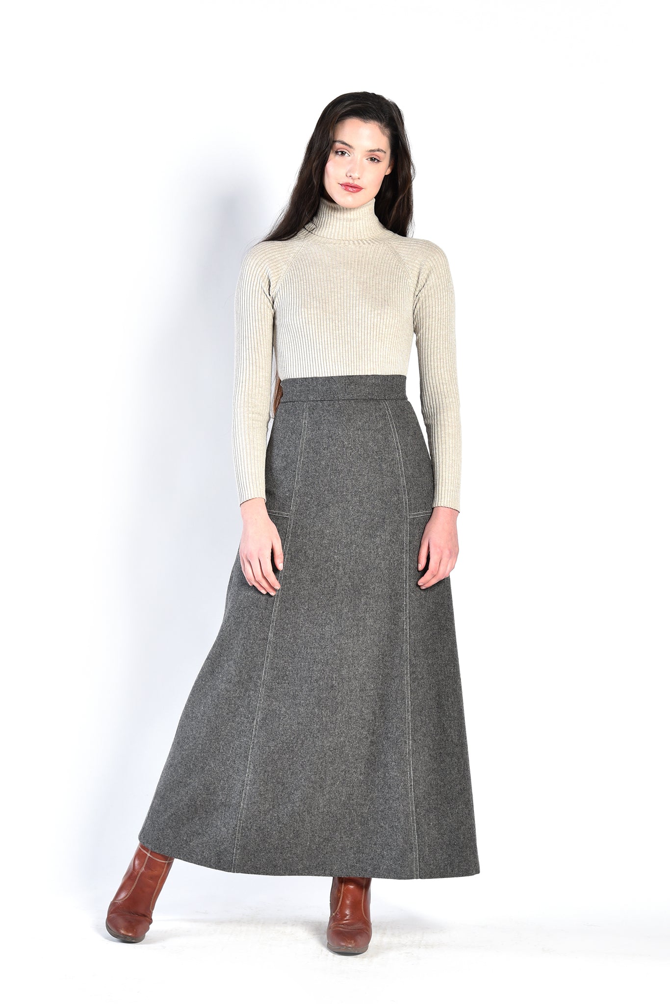 Ellen Tracy 1960s Grey Wool Flannel Maxi Skirt