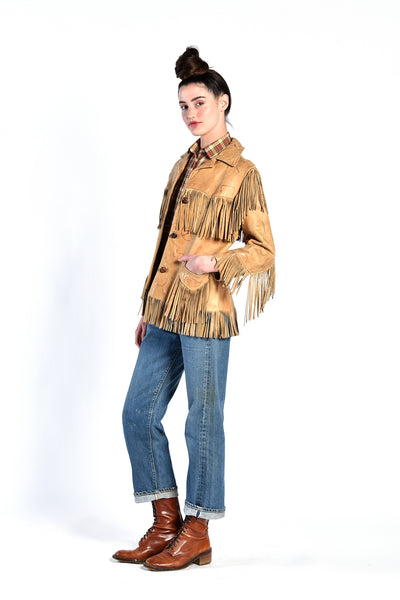 Lannie 1970s Embossed Leather Jacket with Fringe
