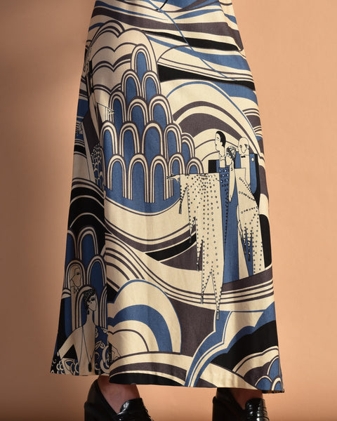 Pat Richards Art Deco Print 1970s Maxi Dress