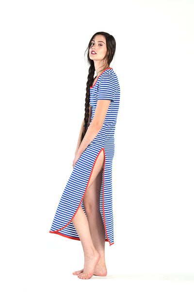 Kate Blue + White Striped Maxi Dress with Slit