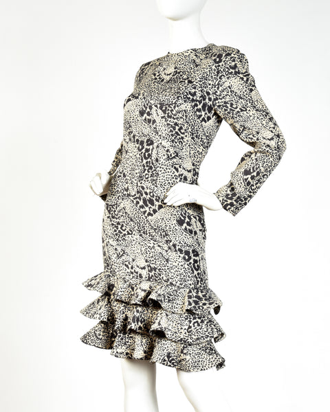 Louis Feraud 80s Ruffled Silk Leopard Dress
