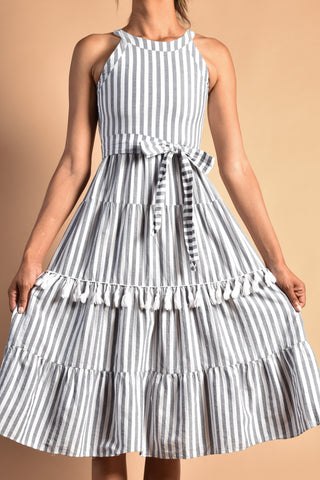 Jenna 80s Striped Cotton Sun Dress with Tassels