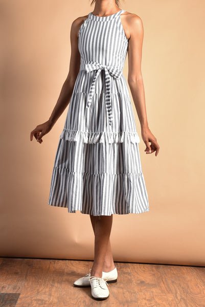 Jenna 80s Striped Cotton Sun Dress with Tassels
