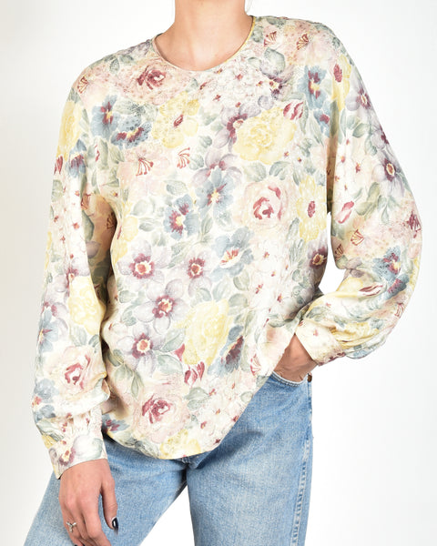Decadent 80s Floral Silk Puff Sleeve Blouse