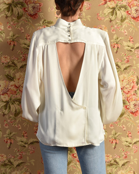 Tori 1980s Open Back Blouse with Bishop Sleeves