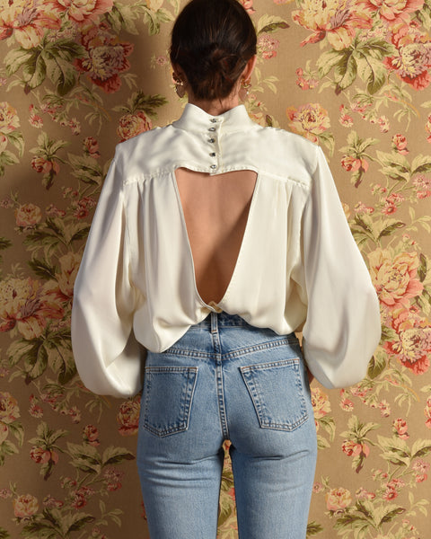 Tori 1980s Open Back Blouse with Bishop Sleeves