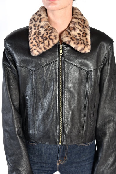 Brit Black Leather Jacket w/ Removable Faux Leopard Fur Collar
