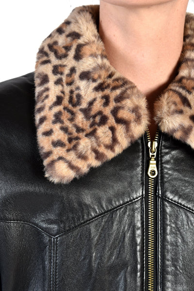 Brit Black Leather Jacket w/ Removable Faux Leopard Fur Collar