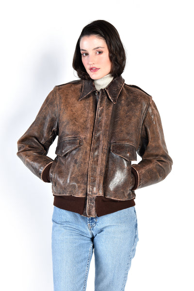 Jackie Distressed Leather Bomber Jacket