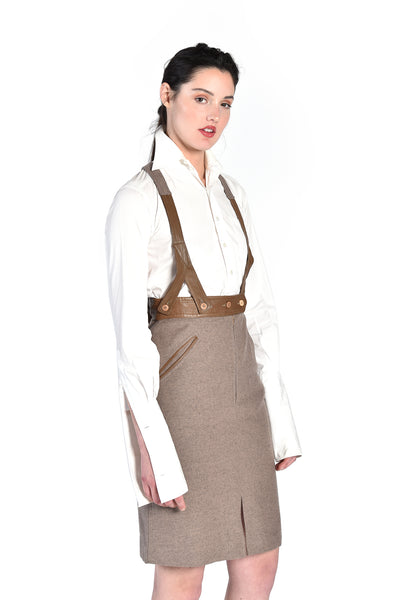 Moschino Wool + Leather Suspender Skirt