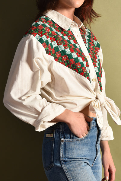Kristine 1980s Patchwork Holiday Blouse