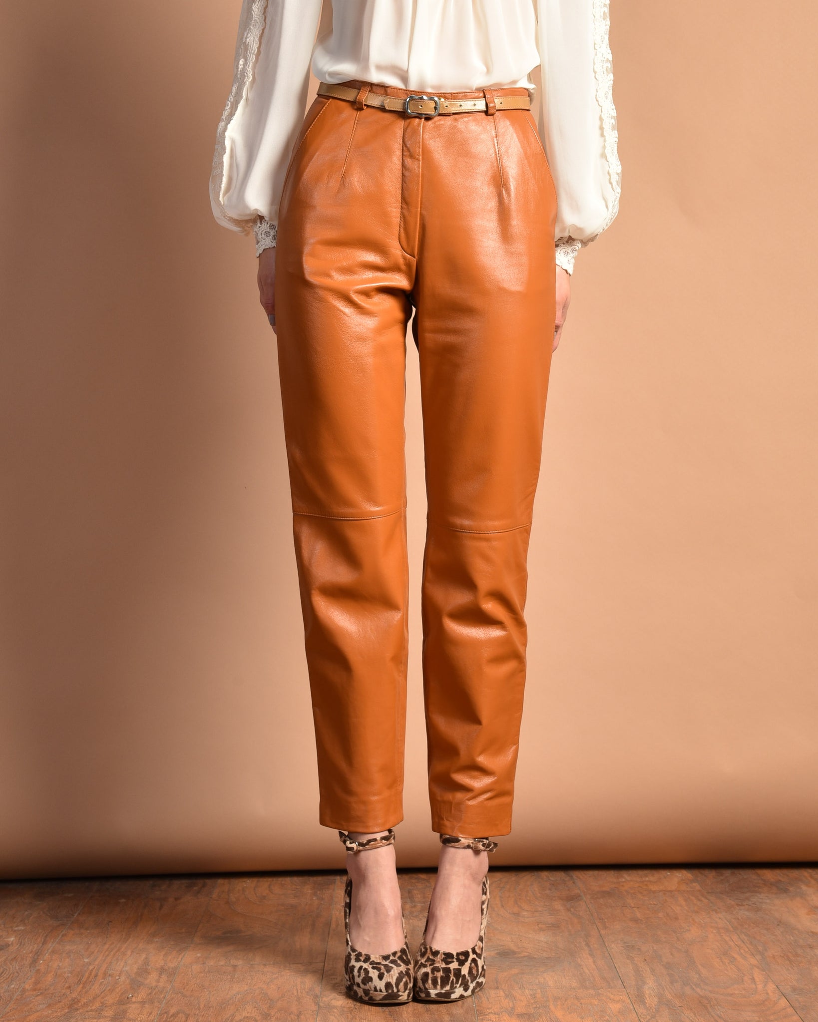 Vintage Suede Pants 1980s Tan Leather Pants Tapered High Waist