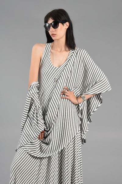 Grey + White Striped Convertible Moroccan Gauze Maxi Dress