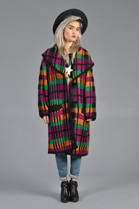 Rainbow Plaid Shawl Collar Sweater Coat