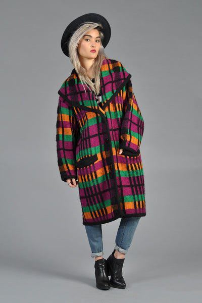 Rainbow Plaid Shawl Collar Sweater Coat