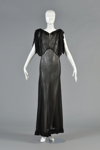 1930s Black Sheer Evening Gown w/Open Draped Sleeves