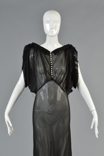 1930s Black Sheer Evening Gown w/Open Draped Sleeves