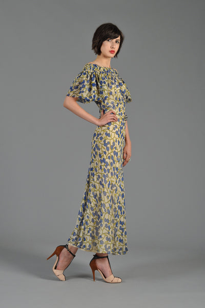 Off the Shoulder 1930s Berry Printed Gown