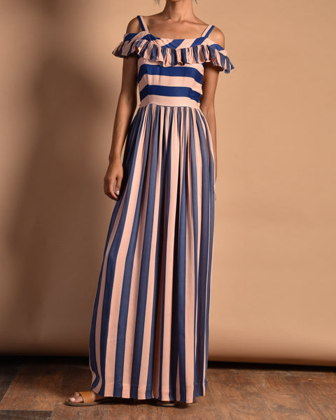 English 1940s CC 41 WWII Striped + Ruffled Gown