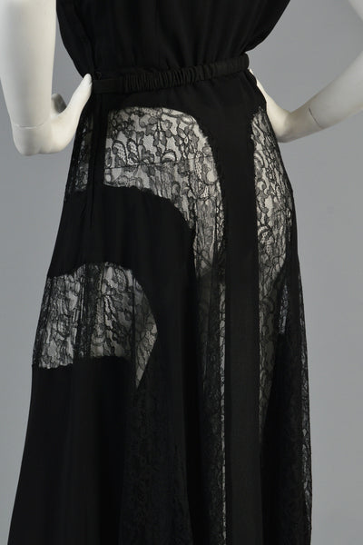 1940s Black Rayon Crepe + Lace Insert Panel Evening Gown