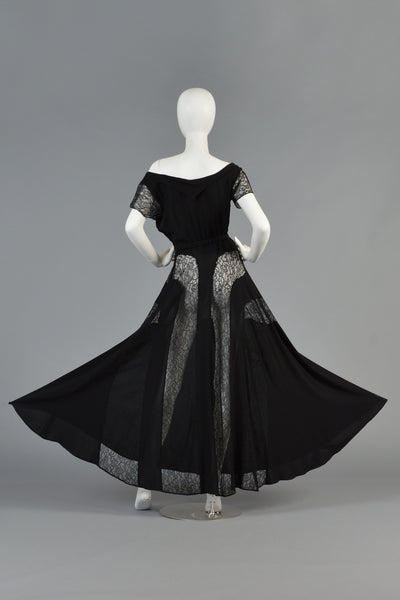 1940s Black Rayon Crepe + Lace Insert Panel Evening Gown