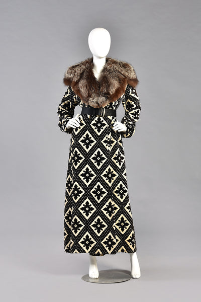 Ursula OOAK Monochrome Tapestry Coat w/ Silver Fox Fur Collar