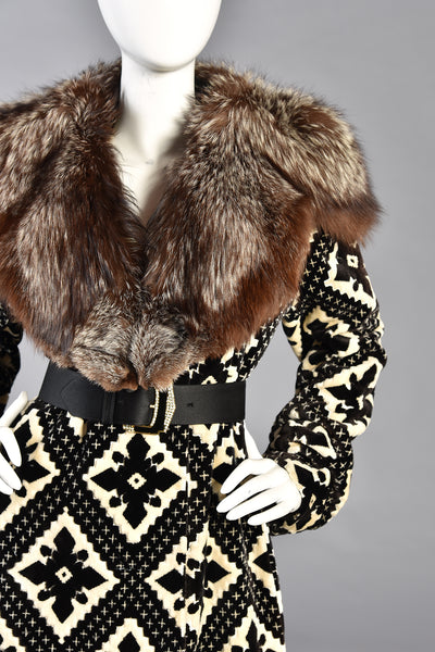 Ursula OOAK Monochrome Tapestry Coat w/ Silver Fox Fur Collar