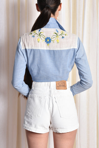Berta 70s Embroidered Chambray Crop Top