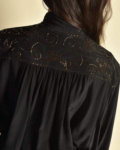 Hirondelle Beaded Silk Blouse with Swallows