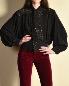 Hirondelle Beaded Silk Blouse with Swallows