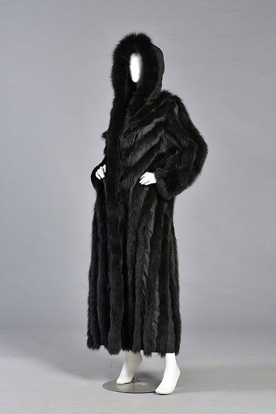 Carla Reversible Black Fox Fur Maxi Coat with Hood