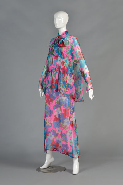 Adele Simpson 1970s Silk Chiffon Dress + Jacket