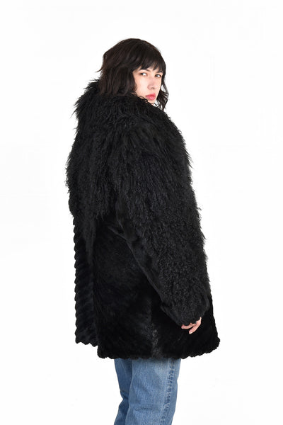 Adolfo Super Shaggy Black Mongolian Lamb & Rabbit Fur Coat