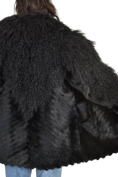Adolfo Super Shaggy Black Mongolian Lamb & Rabbit Fur Coat