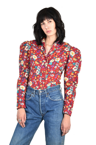 Adolfo 1970s Cotton Floral Puff Sleeve Blouse