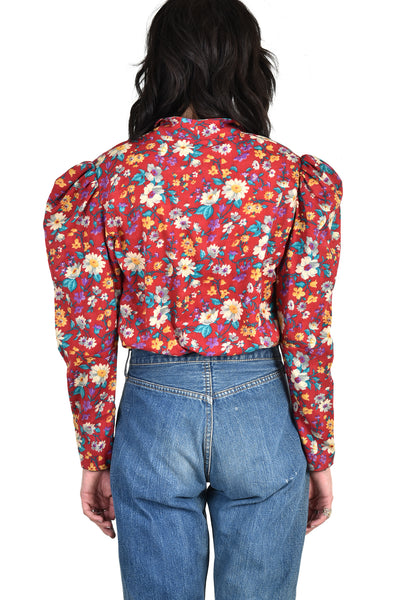 Adolfo 1970s Cotton Floral Puff Sleeve Blouse