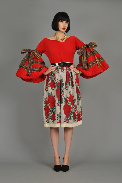 Adolfo 1960s Velvet Top w/ Quilted Bell Sleeves + Ribbons