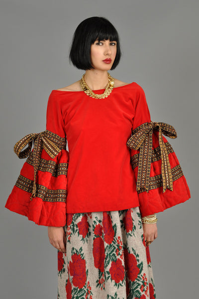 Adolfo 1960s Velvet Top w/ Quilted Bell Sleeves + Ribbons