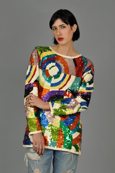 Graphic Delaunay Rainbow Sequined Tunic Top