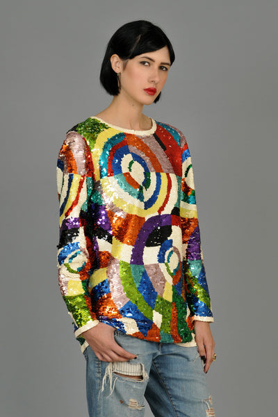 Graphic Delaunay Rainbow Sequined Tunic Top