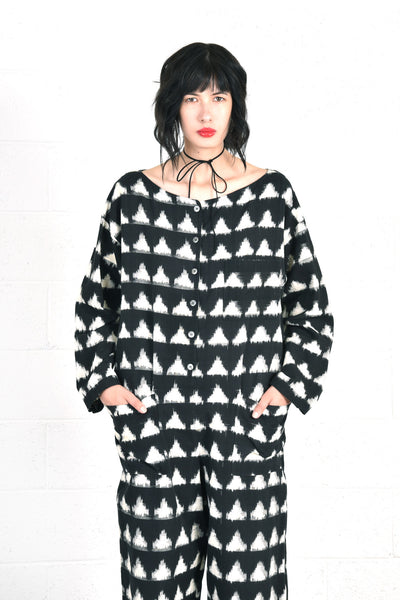 Vintage 1980s Anne Klein Black & White Ethnic Ikat Print Jumpsuit