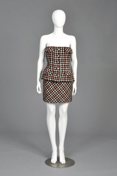 Bill Blass 80s Houndstooth Strapless Peplum Mini Dress