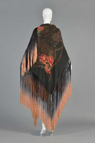 1920s Silk Lamé Floral Piano Shawl with Fringe