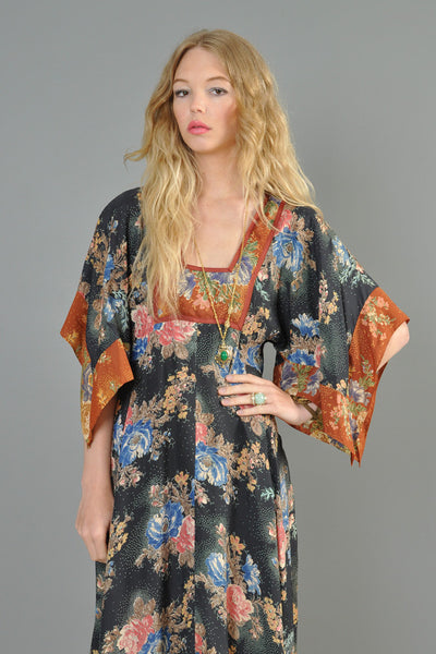 Bohemian 1970s Kimono-Sleeved Maxi Dress With Scarf Hem