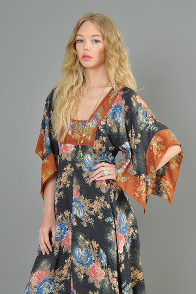 Bohemian 1970s Kimono-Sleeved Maxi Dress With Scarf Hem