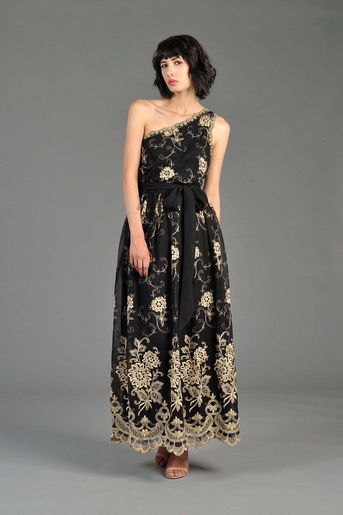 One-Shouldered 1970s Embroidered Maxi Dress