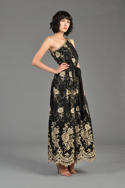 One-Shouldered 1970s Embroidered Maxi Dress